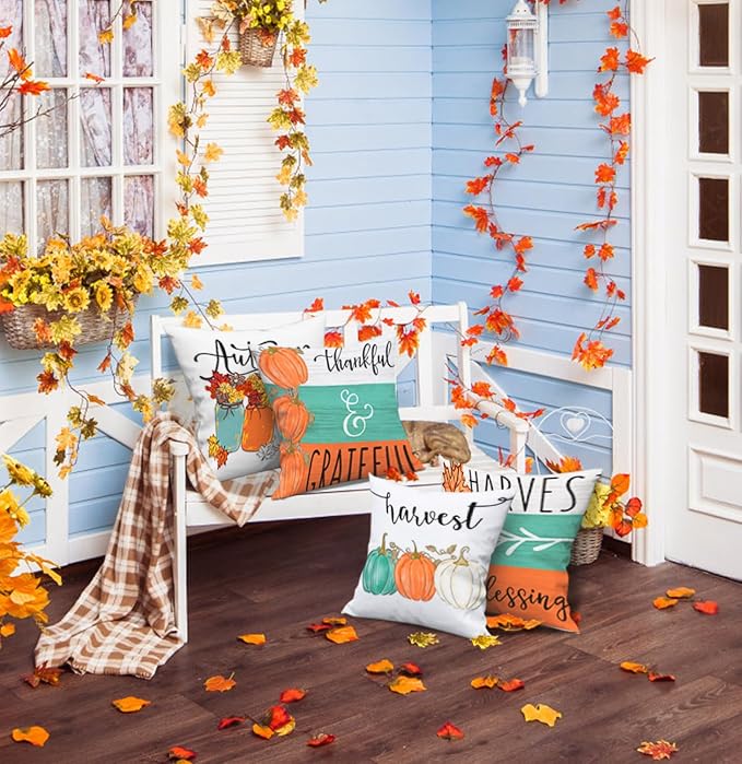 Fall Orange Pumpkin Outdoor Pillow Covers 18x18 Inch Waterproof Harvest Thankful Quotes Seasonal Throw Pillow Covers for Porch Patio Furniture Thanksgiving Farmhouse Decor