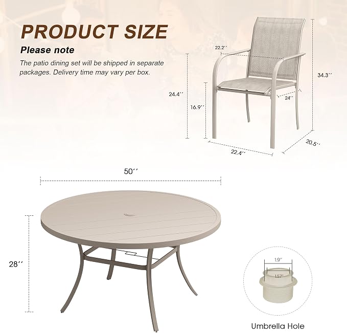 7 Pieces Patio Dining Set, 50" Round Dining Table with Umbrella Hole, 6 Stackable Textilene Fabric Chairs, Metal Structure for Patio, Porch, Garden, Sandshell