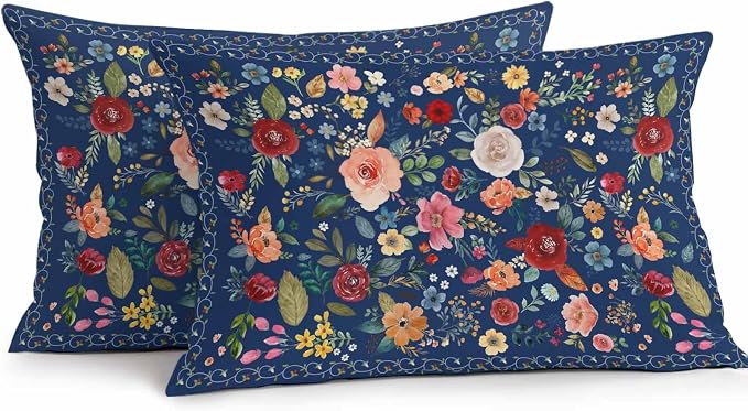 Vandarllin Outdoor Throw Pillows Covers 20x12 inch Set of 2 Waterproof Navy Blue Floral Decorative Zippered Cushion Covers for Patio Furniture, Farmhouse Vintage Flower Lumbar Pillowcases