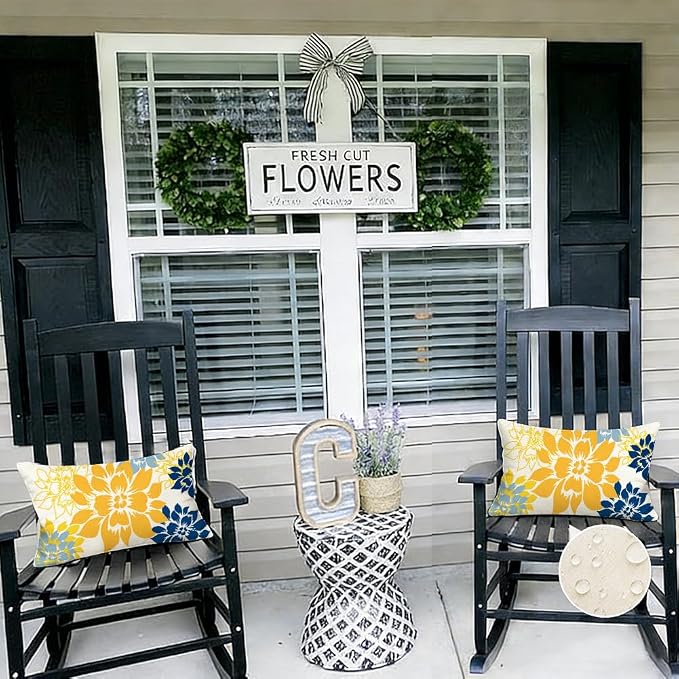 Waterproof Yellow and Blue Dahlia Floral Outdoor Pillow Covers 12x20 Inch, Decorative Spring Summer Cushion Cases for Living Room Sofa Patio Garden Porch