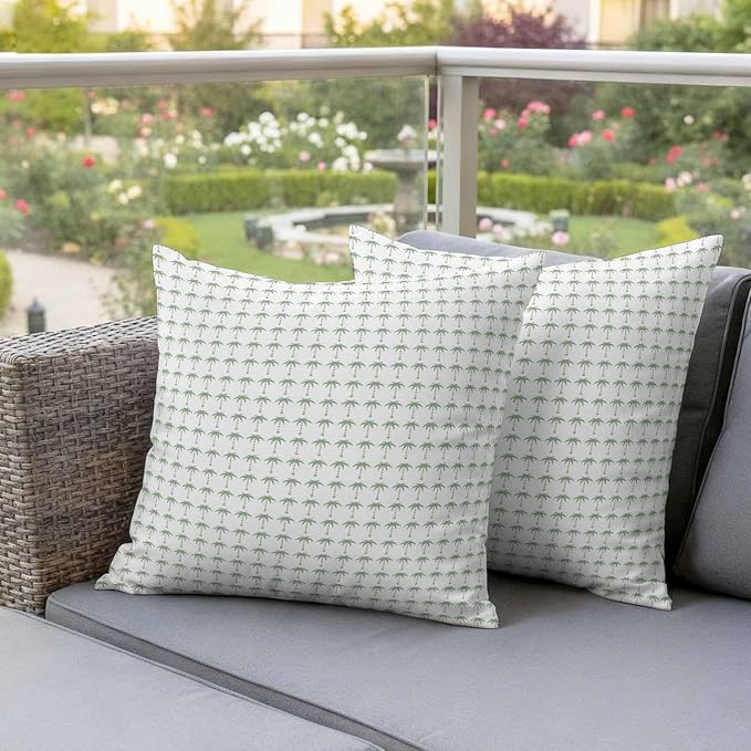 Palm Trees Outdoor Pillow Covers 16"x16" Set of 2, Summer Vintage Nautical Coastal Beach Ocean Green Tree Waterproof Throw Pillow Covers for Patio Furniture, Decorative Cushion Covers for Porch