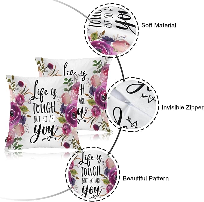 Swono Inspirational Quote Pack of 2 Decorative Throw Pillow Covers Cushion Covers, Life is Tough But So are You Couch Pillow Case Boho Cushion Pillowcase for Bedroom Sofa Living Room 18X18 Inch Rose