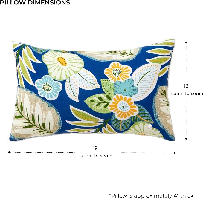 Set of 2 Outdoor Throw Pillows 19 x 12 Inch – Reversible Rectangle Patio Accent Pillows – Weather-Resistant Polyester Fabric – Eco-Friendly Recycled Polyfiber Fill – Marlow Blue Floral