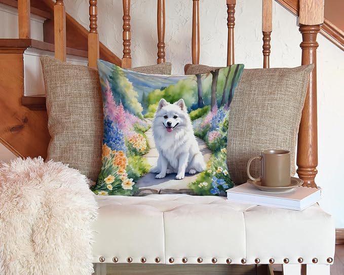 Caroline's Treasures American Eskimo Spring Garden Throw Pillow Machine Washable, Indoor Outdoor Decorative Pillow for Couch, Bed or Patio, 14Hx14W