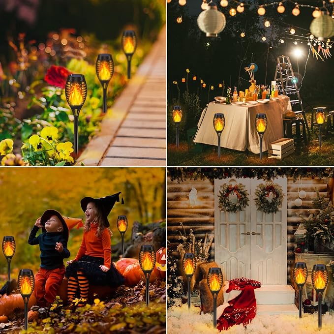 10Pack Solar Torch Light Outdoor Flickering Flame for Halloween Decorations | Solar Lights for Outside Halloween Decor, Waterproof Garden Light Solar Powered, Flame Torches for Yard Pathway Decorations