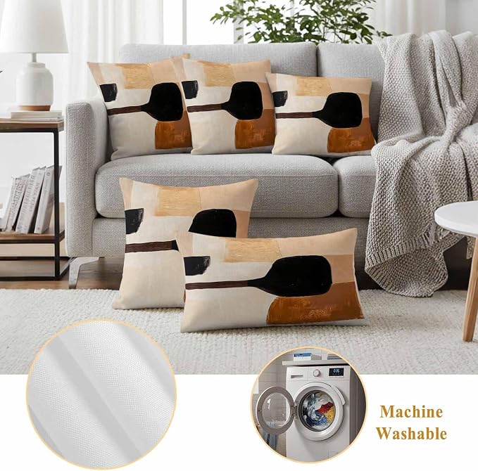 Beige Black Outdoor Waterproof Throw Pillow Covers Set of 2, 24"x24", Brown Abstract Art Graffiti Color Block Modern Decorative Pillow Covers Outside Cushion Case for Patio Porch Garden
