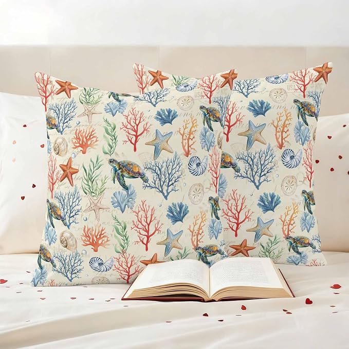 Summer Ocean Outdoor Waterproof Pillow Covers Pack of 2, Vintage Nautical Sea Turtles Shells Corals Starfish Decorative Throw Pillowcases Cushion Covers for Garden Patio Tent Sofa Couch, 18x18 inch
