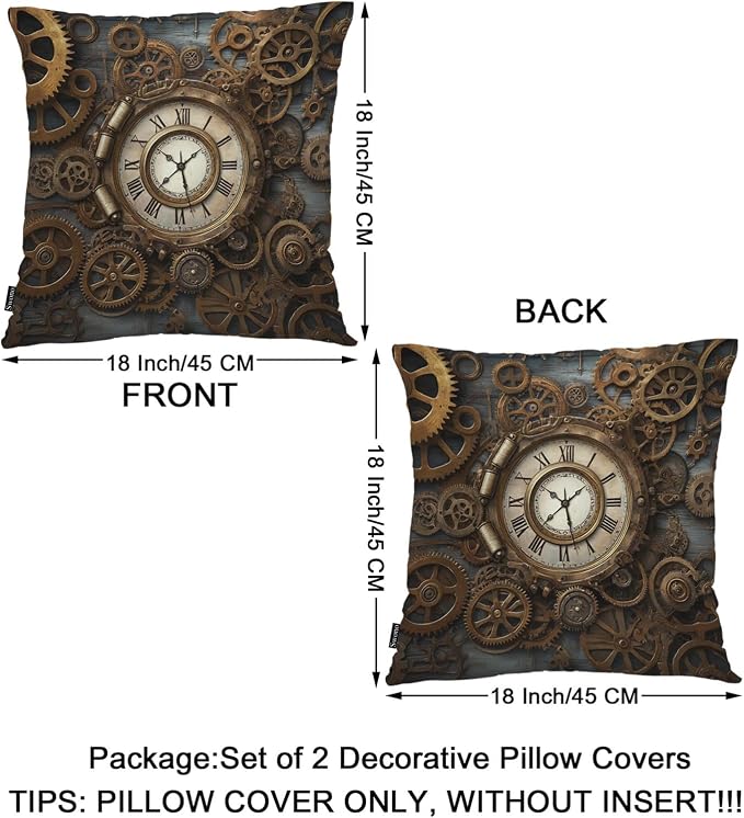 Swono Outdoor Pillow Covers Steampunk, Rusty Steampunk Clock Retro Gears Home Decorative Throw Pillow Case Cushion Cover for Men/Woman/Bed/Sofa/Office/Car 18x18 Inch, 2Pcs Pillow Covers, Gold Bronze