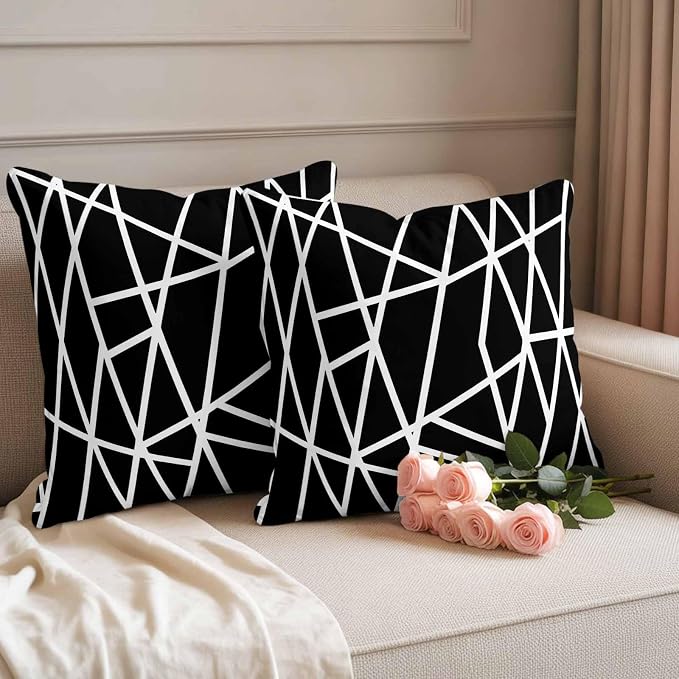 Outdoor Pillow Covers Waterproof, Black Geometric Decorative Square Throw Pillowcases Patio Cushion Covers for Tent/Garden, 20" x 20" 2 Pack, Abstract Stripes Modern Simple