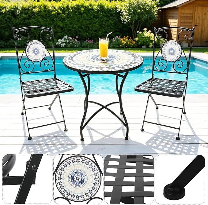 Folding Patio Chairs Set of 2 Mosaic Bistro Chair Outdoor Seating | Garden Patio Furniture Seating Heavy Duty Metal Frame Dining Chairs for Lawn Yard Balcony Porch Backyard Poolside