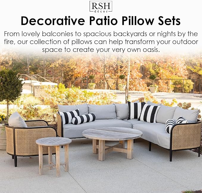 RSH DECOR Set of 4 Square Throw Pillows | Indoor/Outdoor All Weather Polyester Fabric | Decorative Accent Pillows for Patio Furniture | Reversible | 17" x 17" | Heritage Red + Black & White Stripe