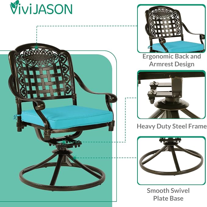 VIVIJASON 9-Piece Outdoor Dining Set, Cast Aluminum Patio Table & Chair Furniture Set for 8, Include 64" Square Dining Table, 4 Swivel Rocker Chairs, 4 Stationary Chairs, Umbrella Hole, Ocean Blue