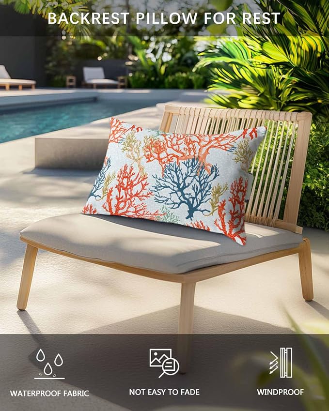 Ocean Outdoor Pillows for Chair Head Resting Retro Coral Blue Green Orange Nautical Coastal Waterproof Lumbar Pillows with Insert & Adjustable Elastic Strap for Patio Recliner Beach Chair