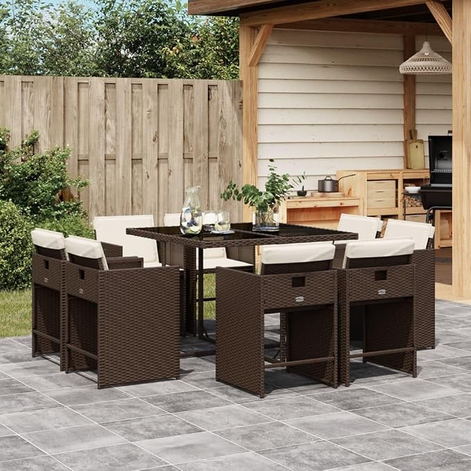 9 Piece Patio Dining Set with Cushions Brown Poly Rattan Outdoor Garden Furniture Table and 8 Folding Chairs Tempered Glass Top Removable Washable Cover