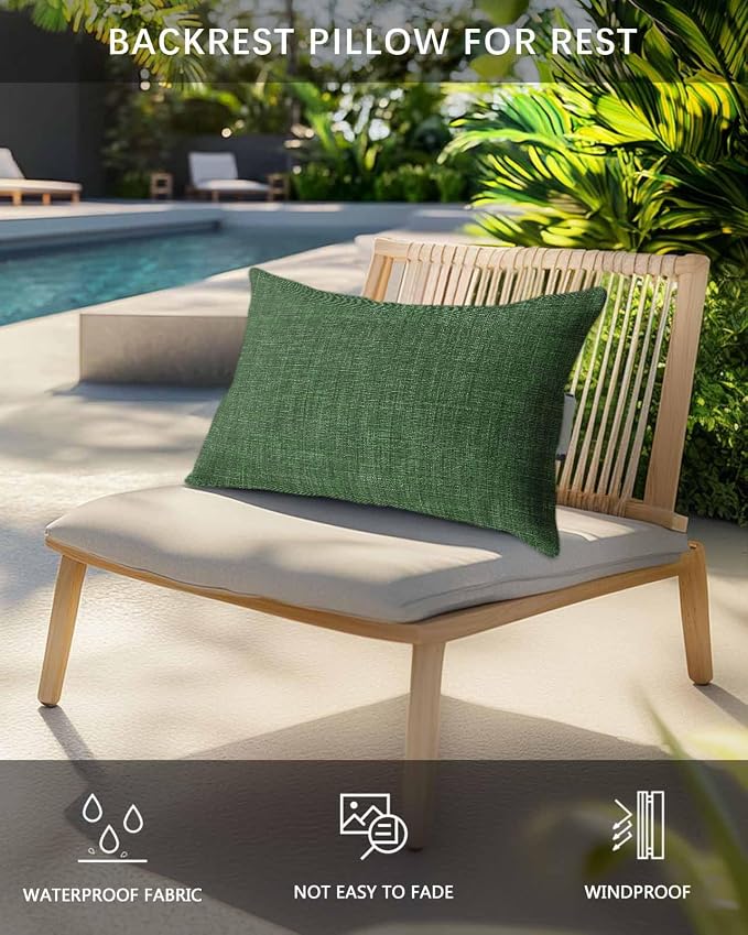 Outdoor Pillow for Chaise Lounge Chair Green Rustic Vintage Burlap Texture Outdoor Pillows Waterproof with Adjustable Strap Headrest Lumbar Pillows for Garden Patio Furniture 2 Pack 12" x 20"