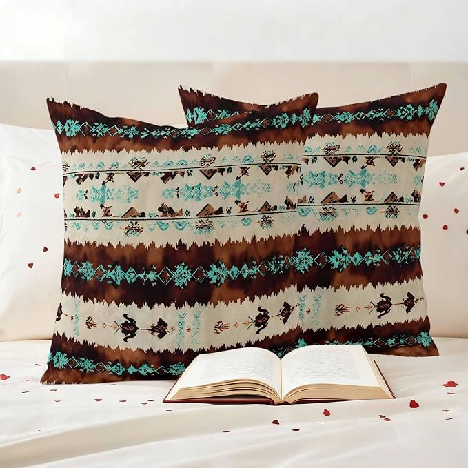 Western Aztec Outdoor Pillow Covers 18"x18" Set of 2, Brown Turquoise Tribal Ethnic Geometric Waterproof Throw Pillow Covers for Patio Furniture, Decorative Cushion Covers for Porch