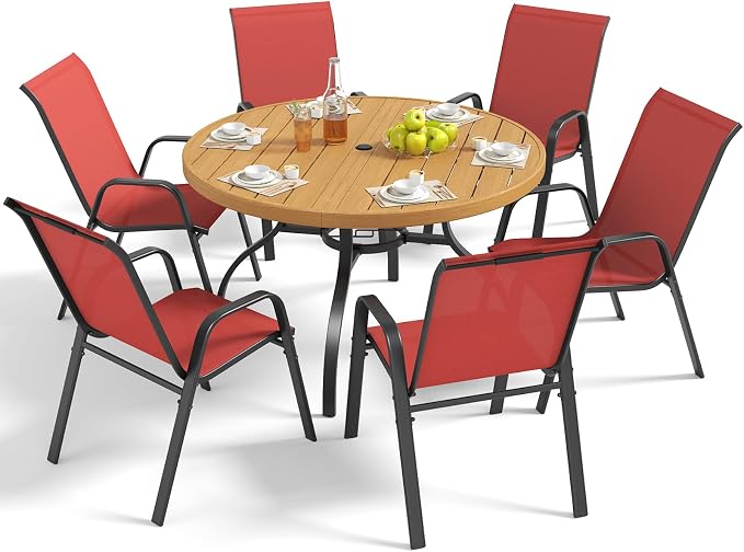 Outdoor Patio Dining Set for 6, 7 Pieces Patio Table and Chairs Set with Umbrella Hole, 47"x 47" Round Metal Wood-Grain Dining Table Set with 6 Stackable Patio Chairs for Deck , Backyard, Porch