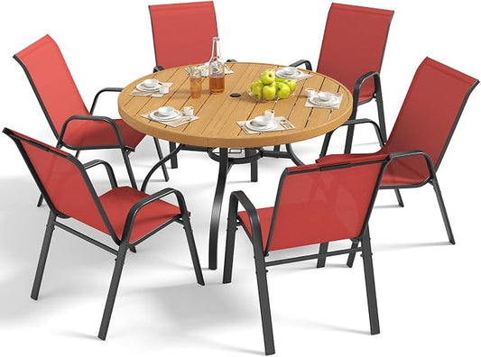Outdoor Patio Dining Set for 6, 7 Pieces Patio Table and Chairs Set with Umbrella Hole, 47"x 47" Round Metal Wood-Grain Dining Table Set with 6 Stackable Patio Chairs for Deck , Backyard, Porch