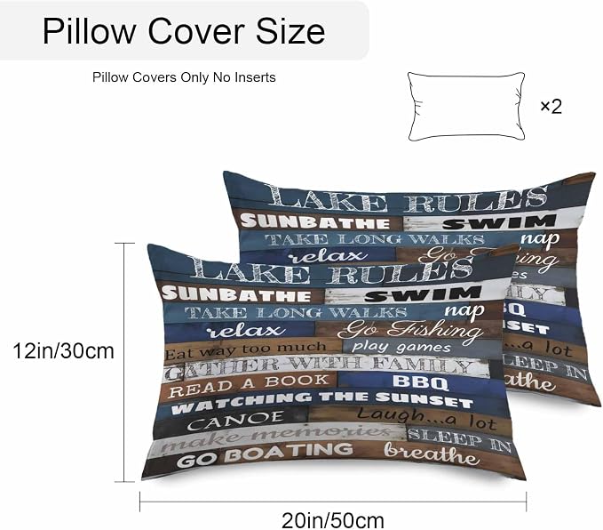Vandarllin Outdoor Throw Pillows Covers 20x12 inch Set of 2 Waterproof Lake Rules on Wood Grain Decorative Zippered Cushion Covers for Patio Furniture, Rustic Text Wooden Lumbar Pillowcases