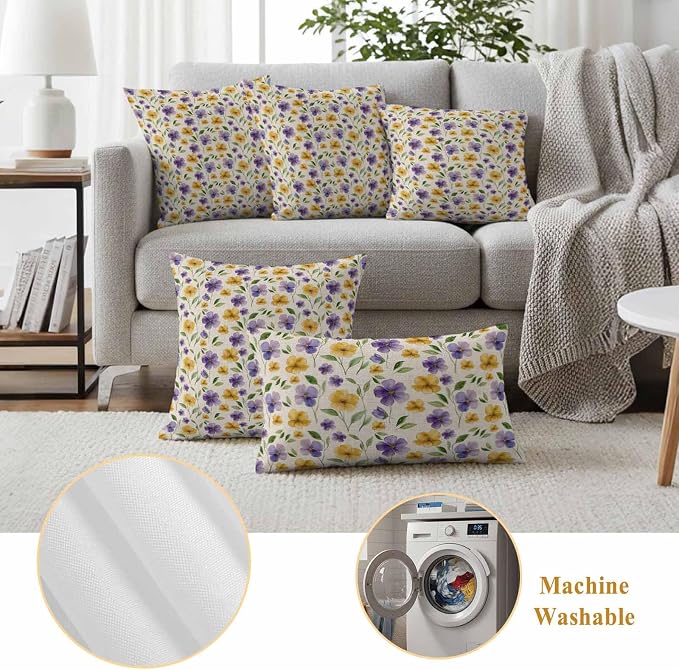 Purple Yellow Flower Outdoor Pillow Covers Set of 2 Spring Green Leaf Watercolor Floral Farm Waterproof Throw Pillow Cover Decorative Cushion Cases for Patio Porch Garden 16X16 Inch
