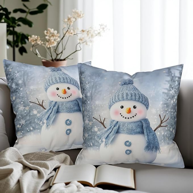 Blue Snowman Throw Pillow Covers Winter Pillow Covers 16x16 Snowflakes Pillow Case Double Sided Printing Cushion Case for Home Decor Couch Sofa Set of 2