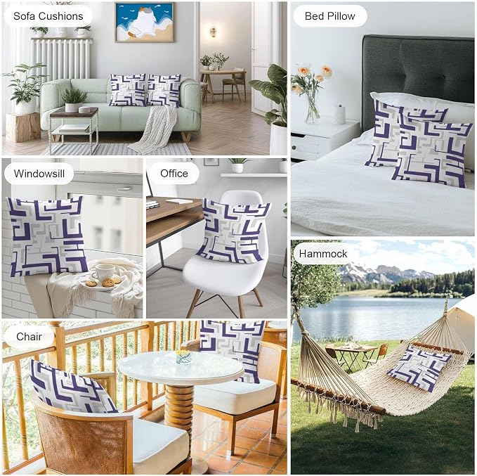 Vandarllin Outdoor Throw Pillows Covers 24x24 inch Set of 2 Waterproof Purple Geometric Stripes Decorative Zippered Cushion Covers for Patio Furniture, Modern Abstract Lines Lumbar Pillowcases