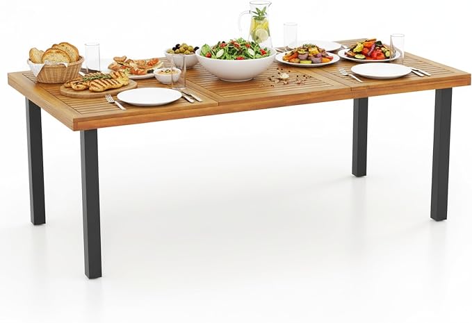 Tangkula 79" Acacia Wood Patio Dining Table for 8, Large 8-Person Outdoor Dining Table with 1.9" Umbrella Hole, Metal Legs & Adjustable Foot Pads, Rectangular Outside Table for Garden, Poolside & Yard