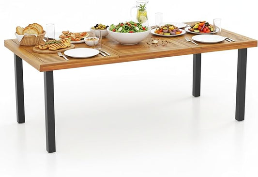 Tangkula 79" Acacia Wood Patio Dining Table for 8, Large 8-Person Outdoor Dining Table with 1.9" Umbrella Hole, Metal Legs & Adjustable Foot Pads, Rectangular Outside Table for Garden, Poolside & Yard