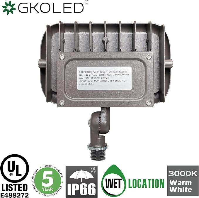 30W LED Flood Light, Outdoor Security Lighting Fixtures, 100W PSMH Replacement, 2700 Lumens, 3000K Warm White, 120-277V, Adjustable Knuckle Mount, UL Listed
