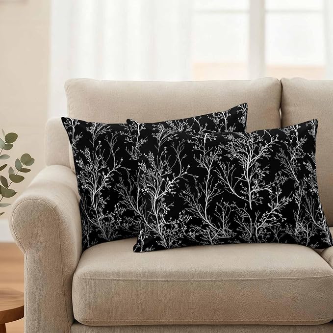Black Branches Waterproof Outdoor Pillow Covers Set of 2 Home Decor, Abstract Art Leaves Plant Lumbar Pillowcase Patio Pillow Covers for Couch Bench Patio Furniture Garden 20x12in