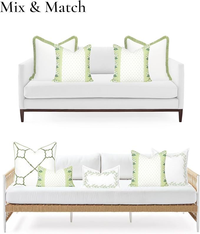 Hofdeco Premium Grandmillennial Coastal Hampton Patio Indoor Outdoor Throw Pillow Cover Only, 20"x20" Water Repellent for Backyard, Couch, Poolside, Grass Green Print Block Striped Lily of the Valley