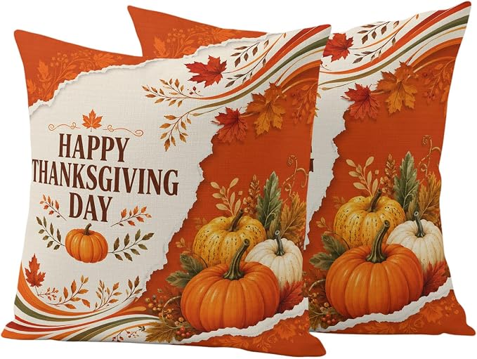 Fall Thanksgiving Waterproof Outdoor Pillow Covers 20''x20'' Set of 2, Maple Leaves Orange Pumpkins Patio Furniture Cushion Covers for Chairs, Decorative Farmhouse Pillow Cases for Garden/Pool/Beach