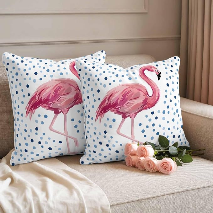 Flamingo Outdoor Waterproof Throw Pillow Covers 24 x 24 Inches Set of 2 Art Flamingo Blue Polka Dots Summer Tropical Decorative Cushion Cover Pillowcase for Garden Patio Tent Beach Sofa Couch