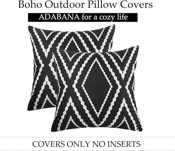 Adabana Outdoor Waterproof Pillow Covers 18x18 Black | Geometric Decorative Throw Pillow Covers Set of 2 for Patio, Garden, Porch, Farmhouse