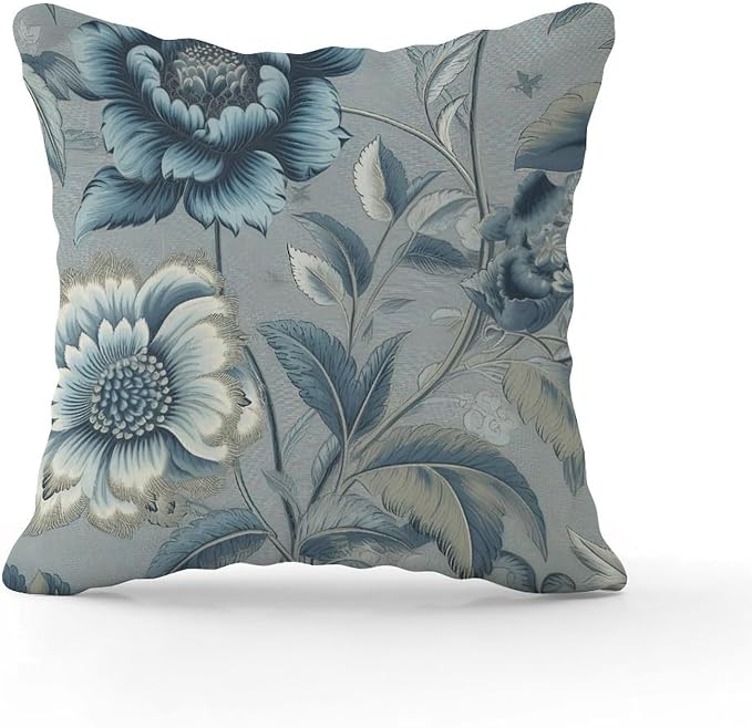 Spa On Flax Blue Chinoiserie Pillowcase Blue Grey Asian Flower Throw Pillow Cover Modern Throw Pillow Covers Farmhouse Decorative for Sofa Bed Chair Car 24x24 in
