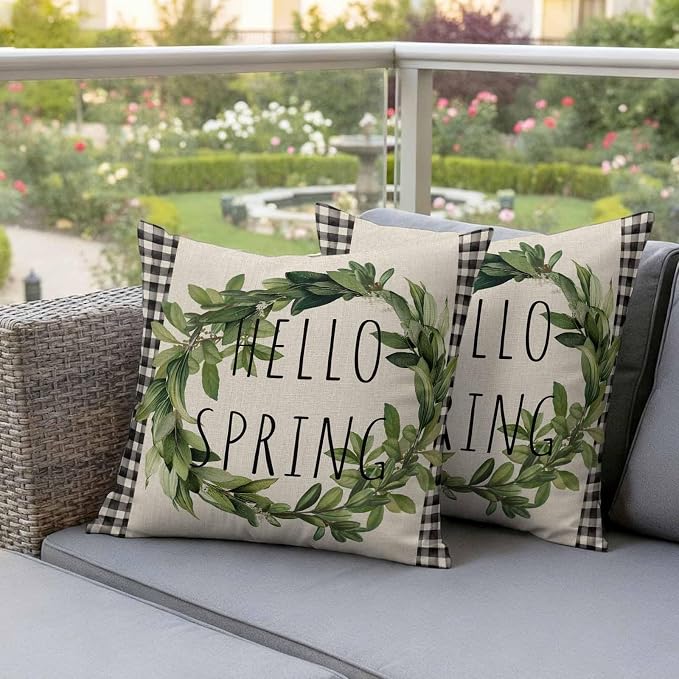 Hello Spring Outdoor Pillow Covers Pack of 2 Green Leaf Plant Black Plaid Vintage Linen Texture Waterproof Throw Pillow Covers Decorative Cushion Cases for Patio Garden Tent Balcony Couch 20x20 inch