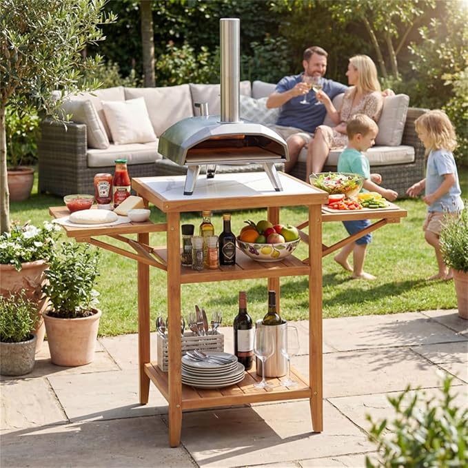 Acacia Wood Outdoor Grill Table with Drop Leaf, Faux Marble BBQ Prep Station for Patio Backyard, Folding Side Shelf Portable Camping Kitchen Table, Portable Grill Table for Patio, Kitchen