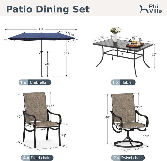 PHI VILLA 8 Pcs Outdoor Dining Set with 13ft Umbrella, Mesh Patio Chairs | 59'' rectangular metal table, 2 swivel & 4 fixed patio chairs and 13ft navy blue umbrella(NO BASE) for deck, garden, backyard