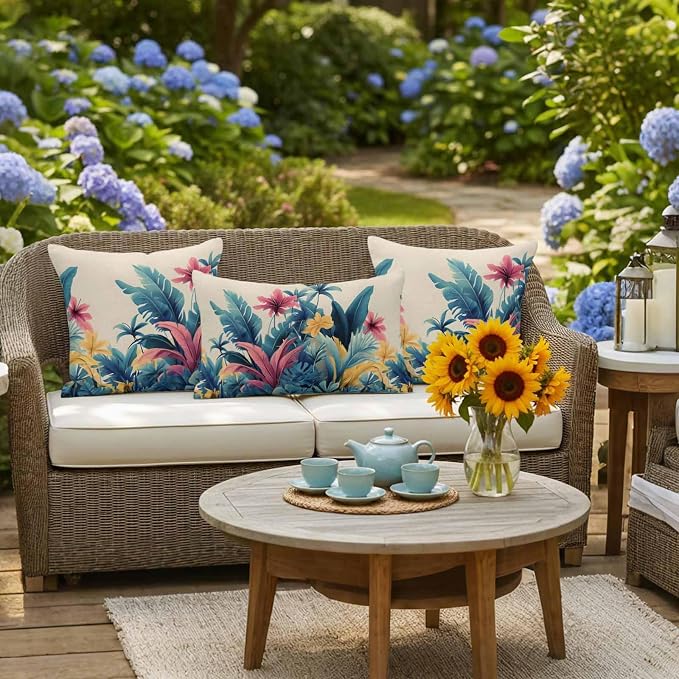 Summer Tropical Leaves Waterproof Outdoor Pillow Covers Set of 2 Home Decor, Farmhouse Botanical Plants Pillowcase Patio Pillow Covers for Couch Bench Furniture Garden 24x24in