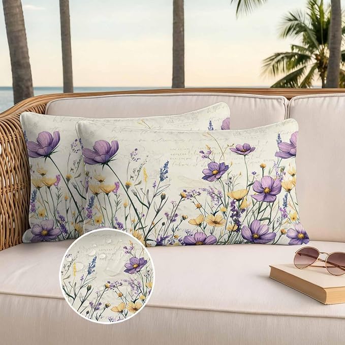 Spring Floral Outdoor Waterproof Throw Pillow Covers Set of 2, 20"x12", Purple Yellow Flower Leaves Retro Letter Texture Decorative Pillow Covers Outside Cushion Case for Patio Porch Garden