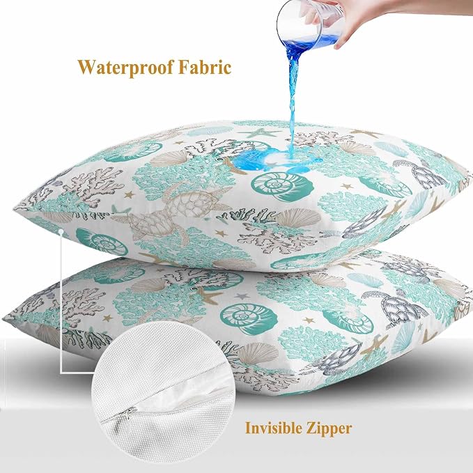Summer Coastal Outdoor Throw Pillow Cover Ocean Sea Turtle Seaweed Waterproof Cushion Covers 2 Pack Teal Grey Abstract Art Pillow Cases Home Decoration for Patio Garden Couch Sofa 18x18In