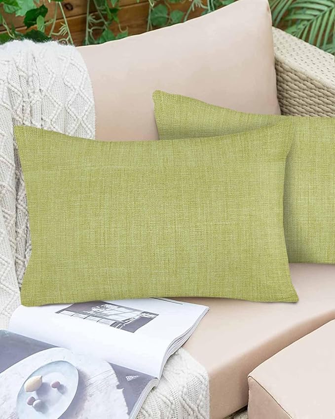 Vandarllin Outdoor Throw Pillows Covers 20x12 inch Set of 2 Waterproof Fruit Green Linen Decorative Zippered Cushion Covers for Patio Furniture, Farmhouse Pure Color Lumbar Pillowcases