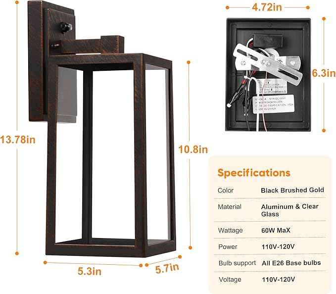 Dusk to Dawn Porch Light Fixtures, Black Brushed Gold Exterior Lighting Lamp, Sensor Wall Lantern, Waterproof Outdoor Wall Sconce for House Doorway, Garage 2 Pack