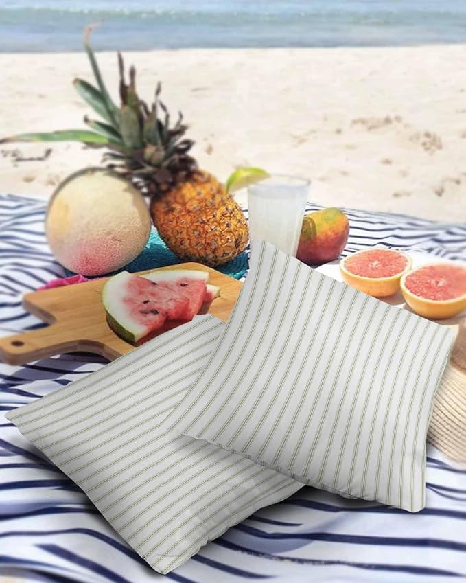 Outdoor Waterproof Throw Pillow Covers Set of 2 Sage Green Stripes Pillowcases 26x26 Inches Vertical Striped Patio Decorative Pillows Cushion Case Patio Pillows for Couch Bed Chair Garden