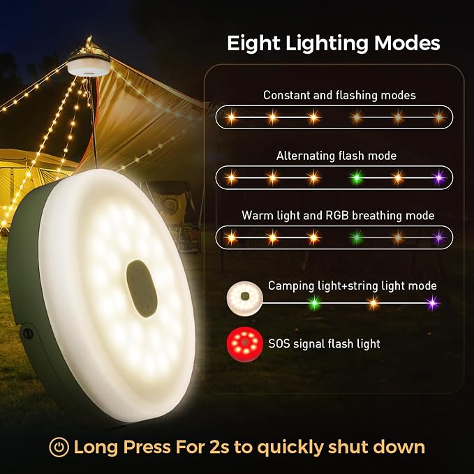 Camping String Lights, 32.8FT Rechargeable Camping Lights with Quick Storage Reel, 8 Modes Waterproof Hanging LED Camping Lights for Tent, RV Awning, Patio and Outdoor Camping Gear Essentials