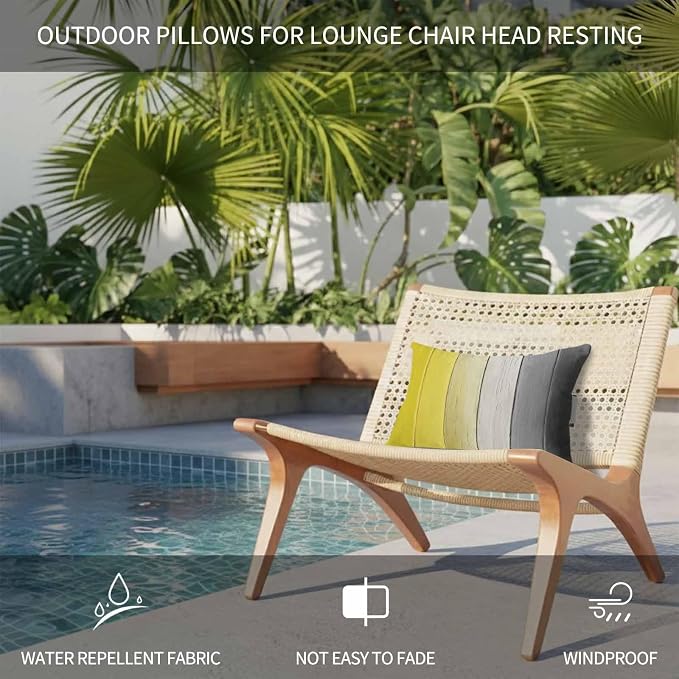 Yellow Gray Ombre Outdoor Pillows for Chaise Lounge Chair Beach Headrest Pillow Set of 2 Waterproof Lumbar Pillows with Insert&Strap Vintage Country Wooden Recliner Neck Pillow for Patio Pool 11"x16"