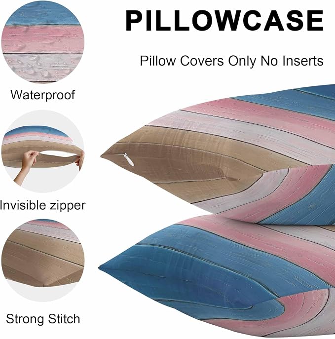 Pink Blue Brown Outdoor Pillow Covers 16x16 Inch Throw Pillow Covers Set of 2 Waterproof Decorative Pillow Cases Farmhouse Gradient Wooden Plank Art Cushion Covers for Patio Furniture Garden Couch