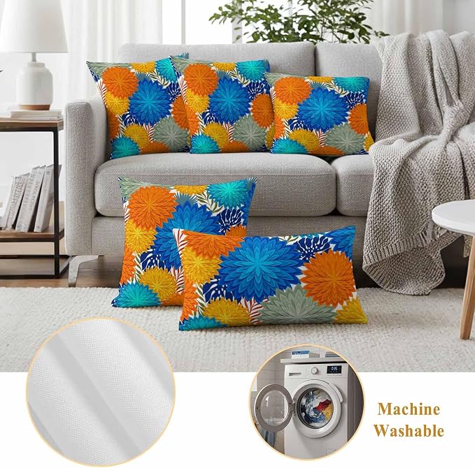 Blue Sage Green Flowers Outdoor Pillow Covers Waterproof, All Weather Cushion Case Set of 2, Boho Colorful Floral Plant Decorative Pillowcases for Sofa Couch Bed Decor Patio Furniture 16"x16"