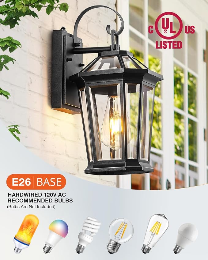 VIANIS Dusk to Dawn Outdoor Wall Lighting, Exterior Light Fixture Wall Mount for House Front Porch Light, Black Anti-Rust Aluminium Modern Outside Coach Lantern with Tempered Glass Shade for Garage