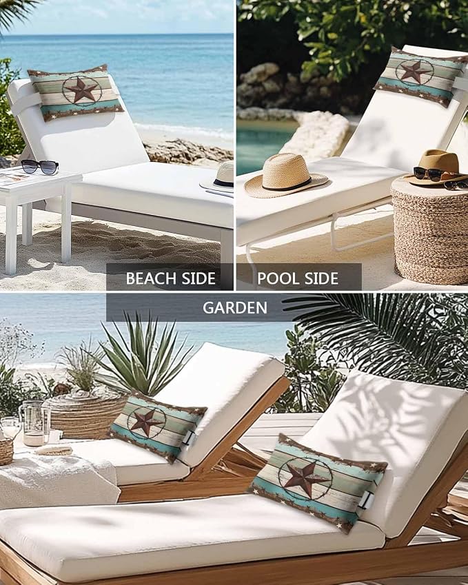 Brown Texas Star Teal Outdoor Lumbar Pillow Covers 12"x20" Set of 4, Decorative Throw Pillow Covers for Patio, Vintage Country Star Turquoise Wooden Waterproof Cushion Case for Pool Beach Chair
